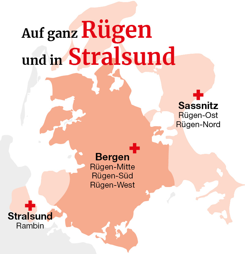 Bergen, Sassnitz, Stralsund, Ralswiek, Sagard, Rambin, Garz, Lietzow, Altefähr, Putbus, Glowe, Pantelitz, Lauterbach, Lohme, Kramerhof, Samtens, Hagen, Devin, Gingst, Binz, Prora, Trent, Baabe, Ummanz, Sellin, Poseritz, Göhren, Gustow, Mönchgut, Zirkow, Altenkirchen, Wiek
